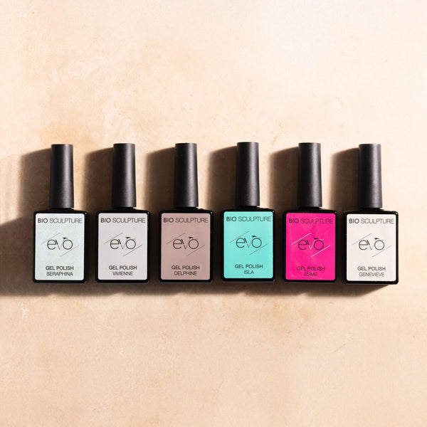 Velour + Vice gel polish bottles ‚Äì full six-shade Evo collection